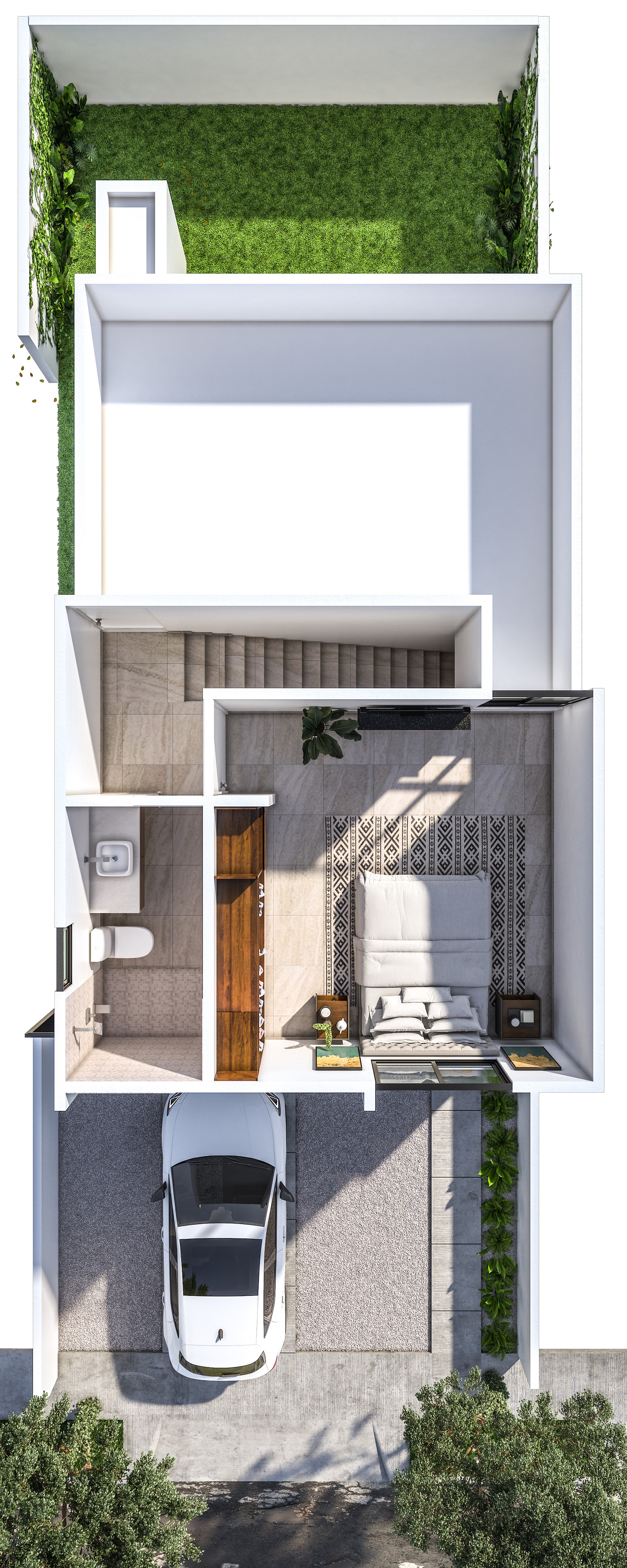 Plano arquitectónico planta alta - 1 recámara, baño completo y terraza con opción a tercera recámara