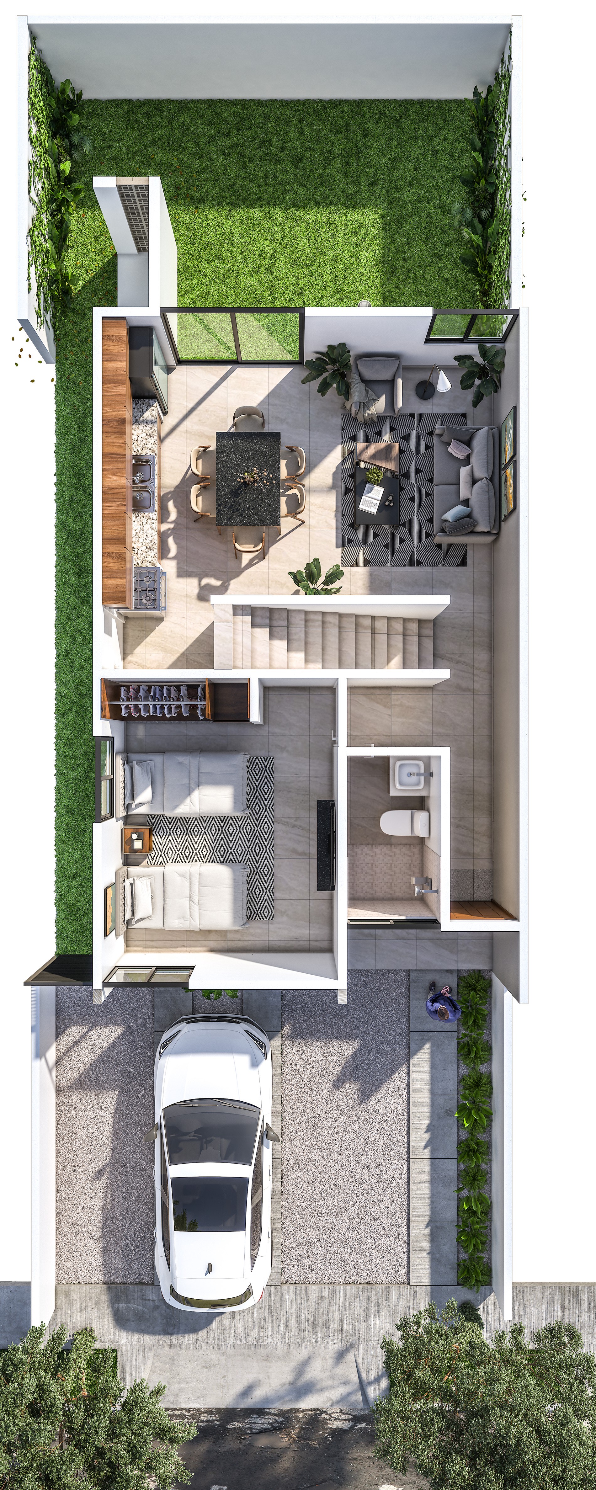 Plano arquitectónico planta baja - Casa Modelo Belén con sala, comedor, cocina, 1 recámara, baño y jardín